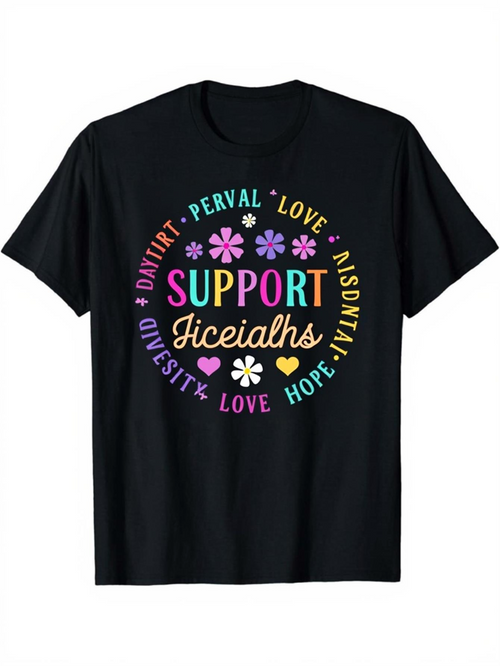 Men's Graphic T-Shirt Support Diversity Love Hope With Colorful Floral Letters