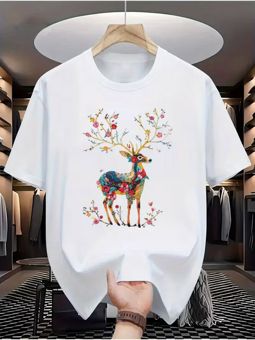 Men's Graphic T-Shirt Colorful Floral Pattern Branches With Blooming Deer