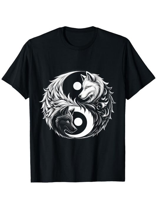 Men's Graphic T-Shirt Mystical Balance With Black And White Wolves Forming Yin Yang Symbol