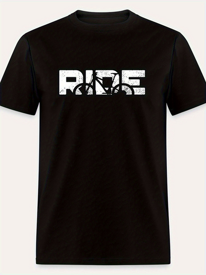 Men's Graphic T-Shirt Grunge Text With Bicycle Silhouette Under Bold Ride Word