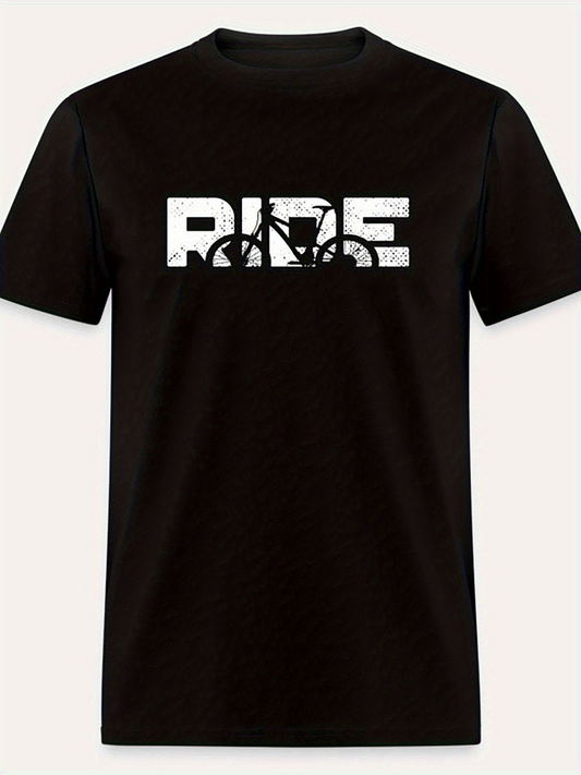 Men's Graphic T-Shirt Grunge Text With Bicycle Silhouette Under Bold Ride Word