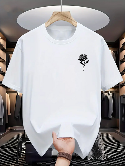 Men's Graphic T-Shirt Minimalist Monochrome Rose Emblem On Crisp White Fabric Flower