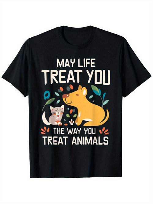 Men's Graphic T-Shirt May Life Treat You With Playful Cat Flowers And Happy Smiling Dog