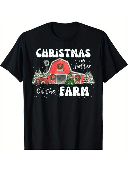 Men's Graphic T-Shirt Christmas Is Better On The Farm Red Barn Pine Trees Snow