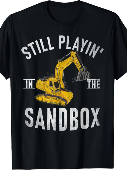 Men's Graphic T-Shirt Still Playin In The Sandbox Bright Yellow Digger In Dusty Print Style Excavator