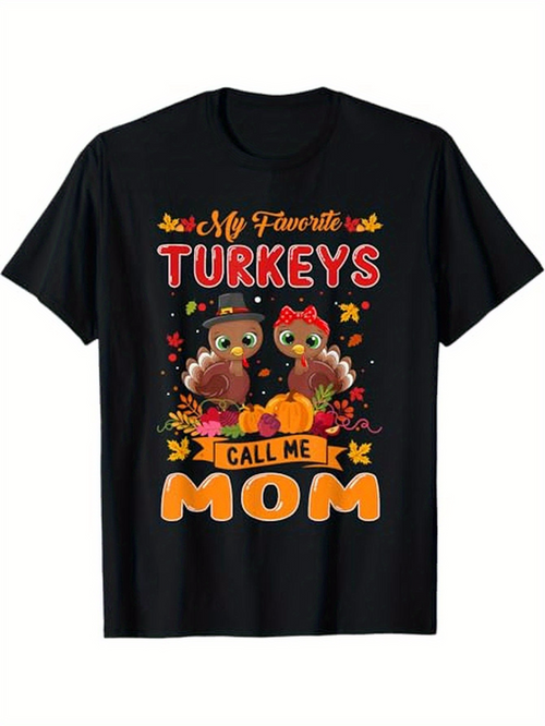 Men's Graphic T-Shirt My Favorite Turkeys Surrounded By Autumn Leaves With Pumpkins And Cute Turkey