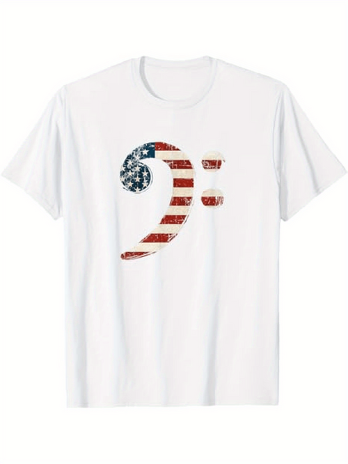 Men's Graphic T-Shirt American Flag Patterned Bass Clef Symbol Music Note