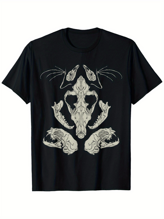Men's Graphic T-Shirt Abstract Animal Skulls With Intricate Symmetrical Linework On Black Fabric