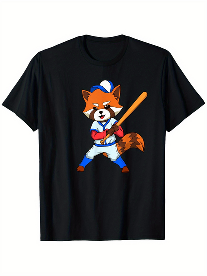 Men's Graphic T-Shirt Cartoon Red Panda Wearing Baseball Uniform With Cap Holding Bat