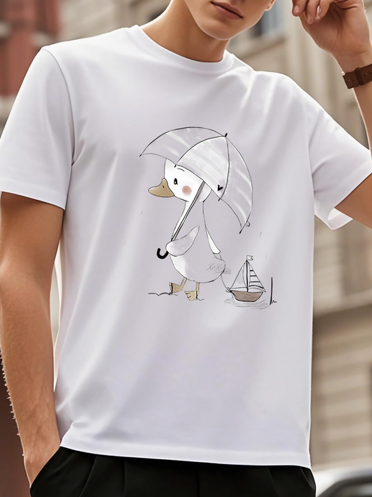 Men's Graphic T-Shirt Rainy Day Duck Holding An Umbrella Beside A Small Toy Boat