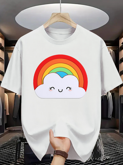Men's Graphic T-Shirt Whimsical Rainbow Arched Above Smiling Happy Cartoon Cloud