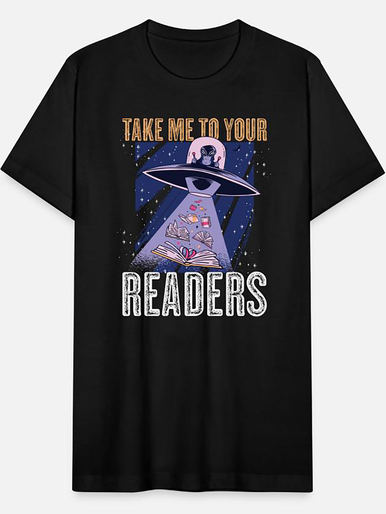 Men's Graphic T-Shirt Take Me To Your Readers With Alien Spaceship And Light Beam Featuring Books