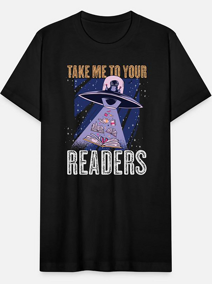 Men's Graphic T-Shirt Take Me To Your Readers With Alien Spaceship And Light Beam Featuring Books