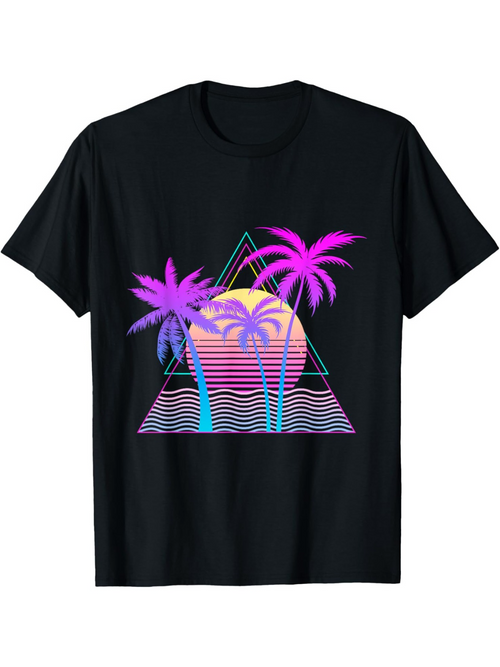 Men's Graphic T-Shirt Sunset Neon Glow With Waves Geometric Palms And Rising Sun