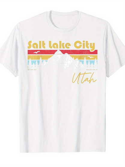 Men's Graphic T-Shirt Salt Lake City Utah Retro Stripes With Snowy Mountain Peaks Background
