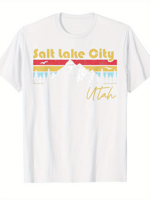 Men's Graphic T-Shirt Salt Lake City Utah Retro Stripes With Snowy Mountain Peaks Background