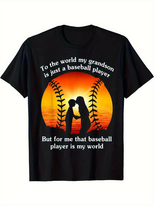 Men's Graphic T-Shirt To The World My Grandson Is Just A Baseball Player Sunset Silhouette With Baseball Stitches