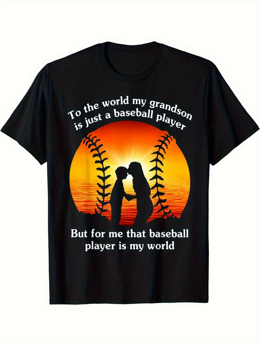 Men's Graphic T-Shirt To The World My Grandson Is Just A Baseball Player Sunset Silhouette With Baseball Stitches