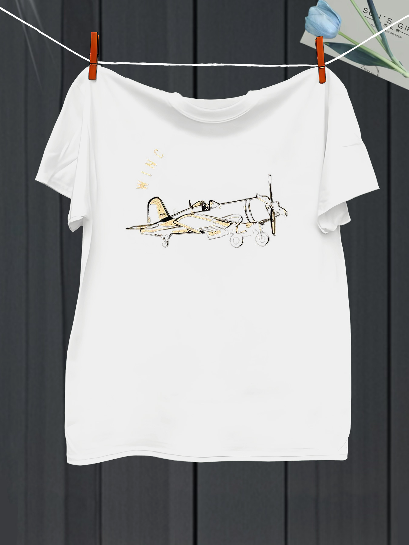 Men's Graphic T-Shirt Minimalist Line Sketch With Vintage Propeller Airplane Drawing