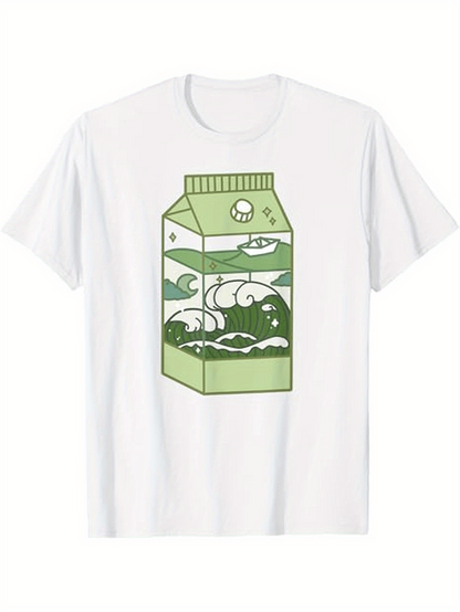 Men's Graphic T-Shirt Nature Waves With Rolling Clouds In Green Milk Carton