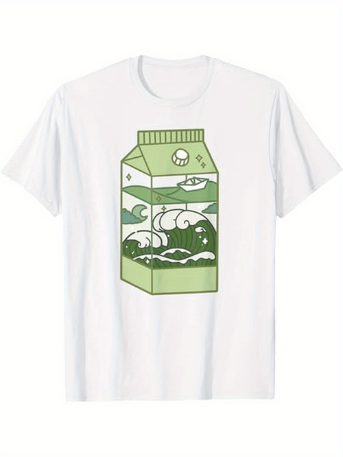 Men's Graphic T-Shirt Nature Waves With Rolling Clouds In Green Milk Carton