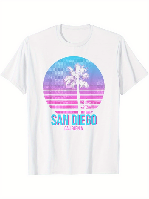 Men's Graphic T-Shirt San Diego Sunset Gradient With Palm Tree And Retro Horizon
