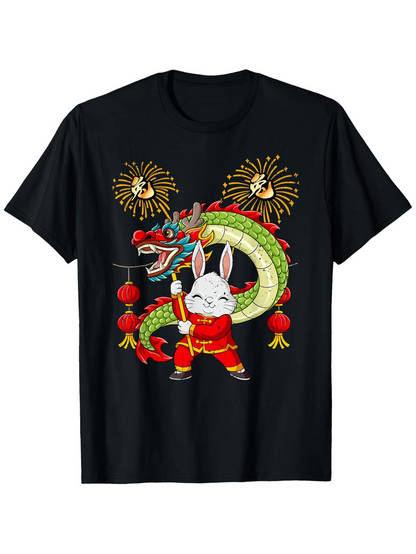 Men's Graphic T-Shirt Festive Lunar New Year Parade With Lanterns Fireworks And Dragon Rabbit