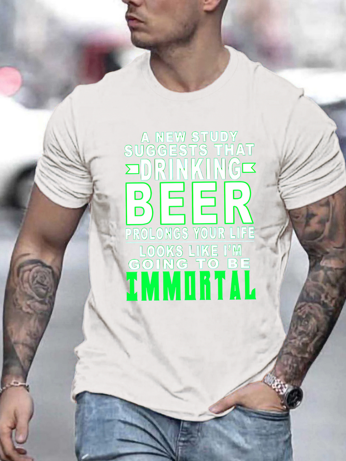 Men's Graphic T-Shirt Funny Letter Print With Neon Green Highlighted Immortal Beer Quote