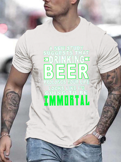 Men's Graphic T-Shirt Funny Letter Print With Neon Green Highlighted Immortal Beer Quote