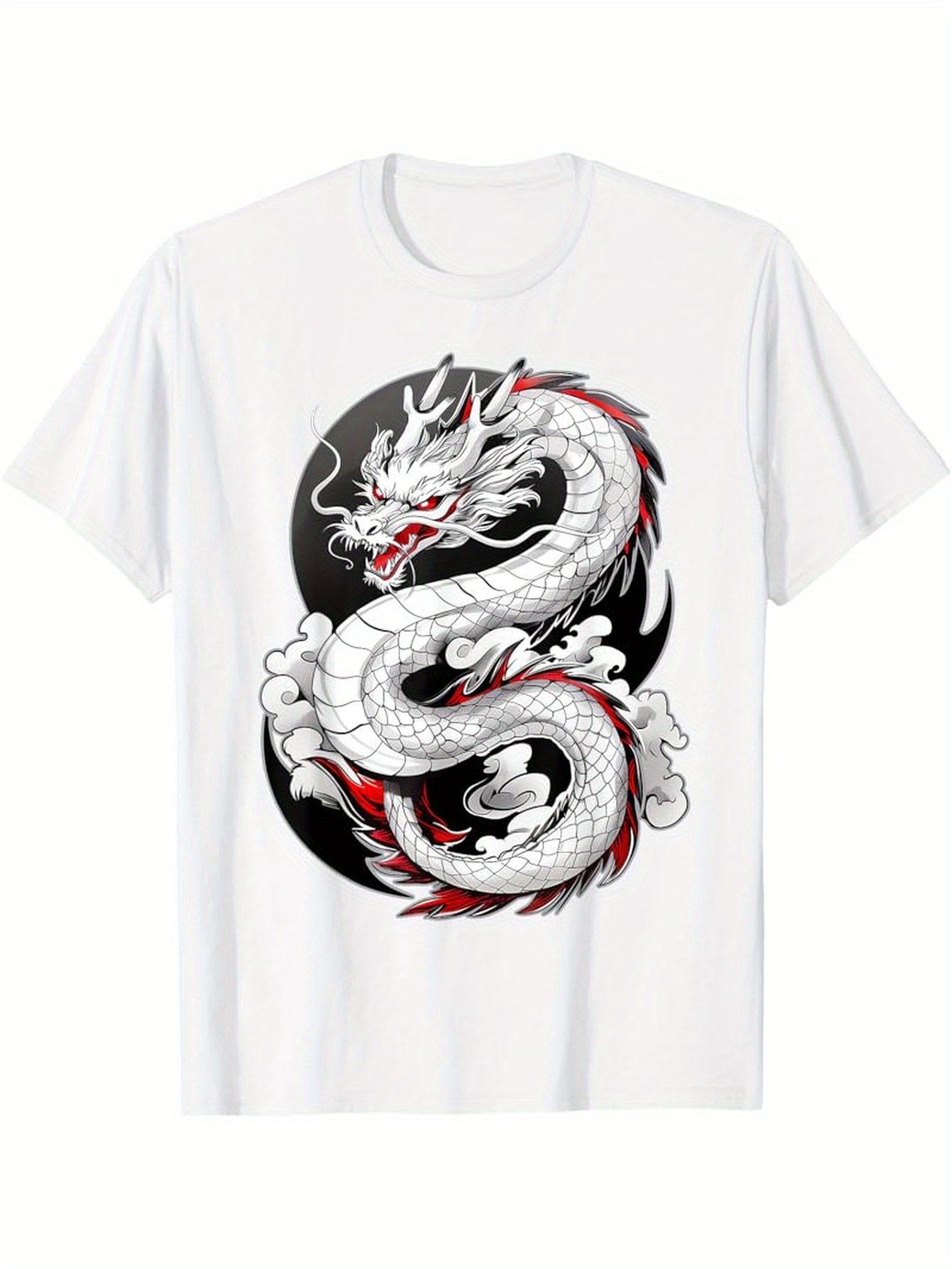Men's Graphic T-Shirt Vibrant Fiery Red Energy Surrounding Mythical Coiling Dragon