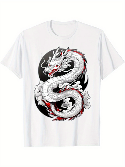 Men's Graphic T-Shirt Vibrant Fiery Red Energy Surrounding Mythical Coiling Dragon