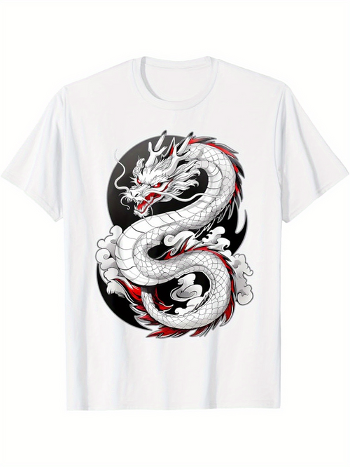 Men's Graphic T-Shirt Vibrant Fiery Red Energy Surrounding Mythical Coiling Dragon