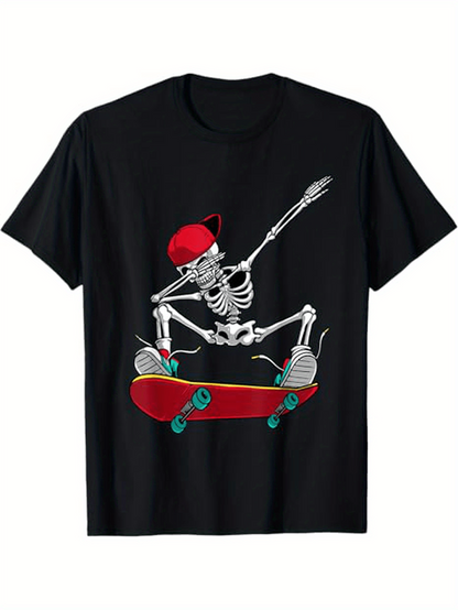 Men's Graphic T-Shirt Energetic Red Cap Skeleton Riding A Skateboard In Midair