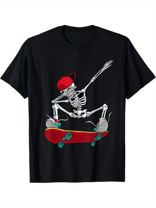 Men's Graphic T-Shirt Energetic Red Cap Skeleton Riding A Skateboard In Midair