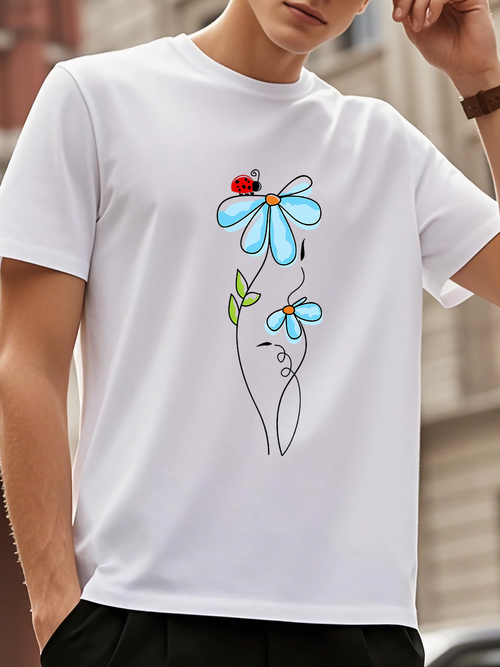 Men's Graphic T-Shirt Bright Blue Petals With A Ladybug Resting On Summer Blossom Flower