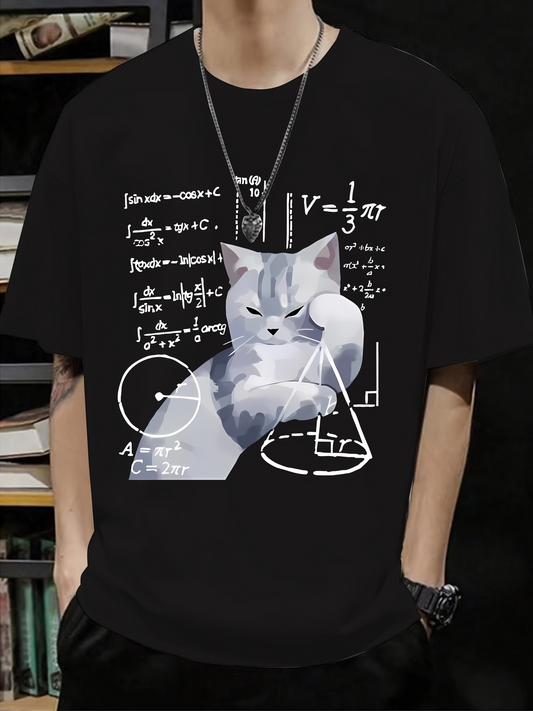 Men's Graphic T-Shirt Abstract Math Equations With Proud Cat Surrounded By White Geometric Shapes