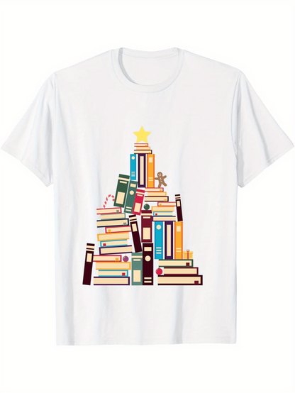 Men's Graphic T-Shirt Stacked Multicolor Books Shaped Like A Festive Holiday Tree