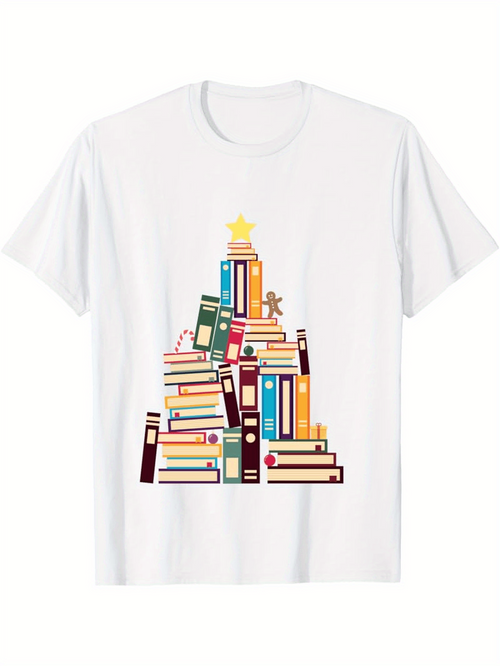 Men's Graphic T-Shirt Stacked Multicolor Books Shaped Like A Festive Holiday Tree