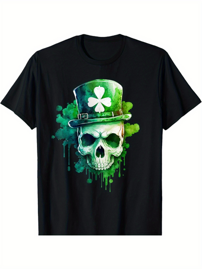 Men's Graphic T-Shirt Green Splash Watercolor With Shamrock Top Hat Skull
