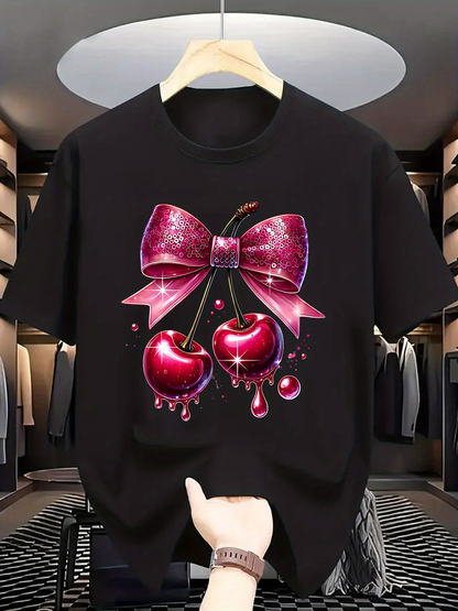 Men's Graphic T-Shirt Glossy Cherries With Pink Ribbon And Sparkling Drops Cherry