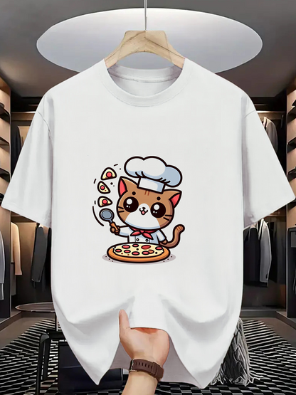 Men's Graphic T-Shirt Whimsical Brown Cat Chef Tossing Toppings Onto Cheesy Pizza