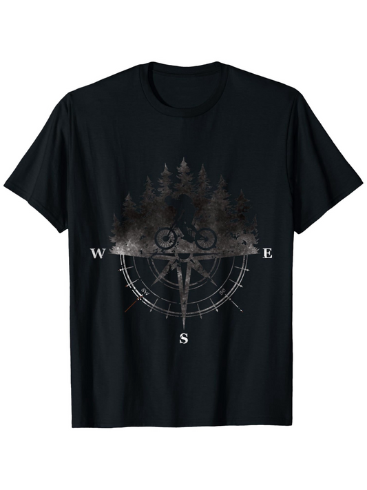 Men's Graphic T-Shirt Misty Forest Night With Compass Rose Direction Letters And Moonlit Owls