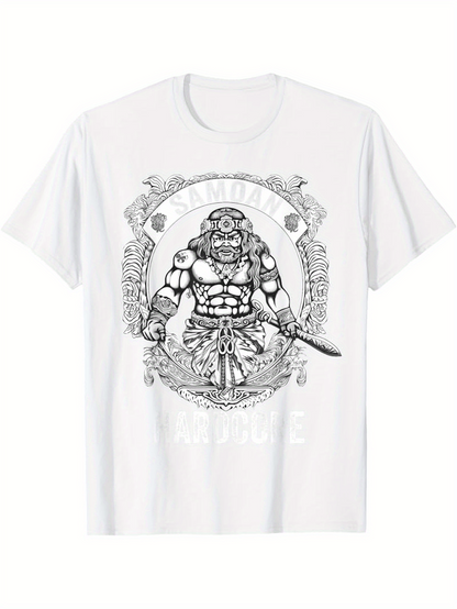 Men's Graphic T-Shirt Warrior Standing Boldly With Decorative Pattern Sword And Fierce Helmet