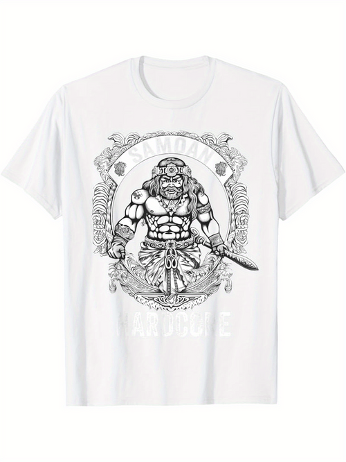 Men's Graphic T-Shirt Warrior Standing Boldly With Decorative Pattern Sword And Fierce Helmet