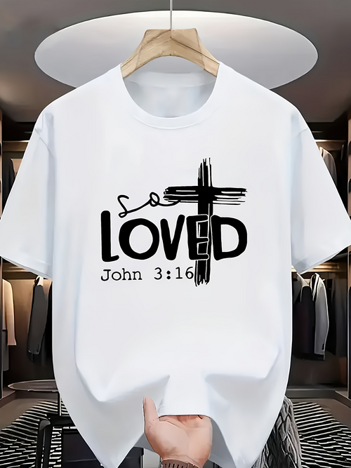 Men's Graphic T-Shirt So Loved Cross With Inspirational Text And Bold Letters