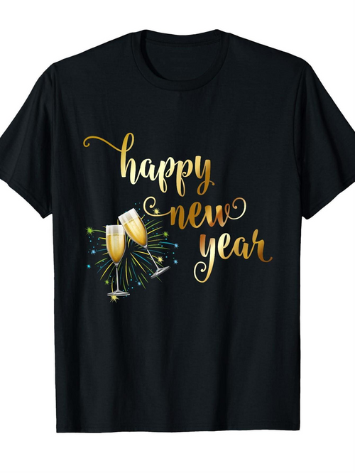 Men's Graphic T-Shirt Happy New Year Glittering Fireworks With Champagne Glasses Celebration