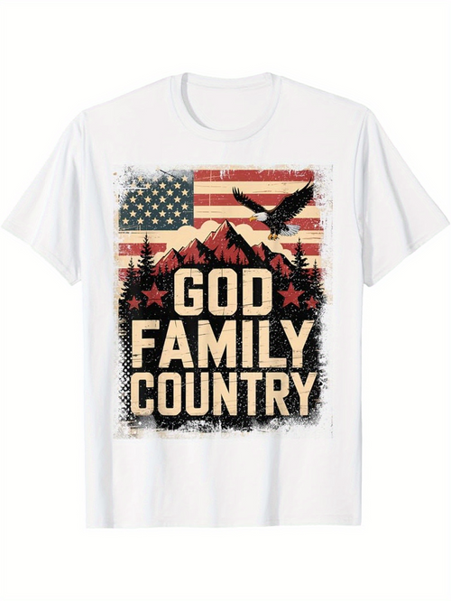 Men's Graphic T-Shirt God Family Country Patriotic Eagle And Mountains With American Flag