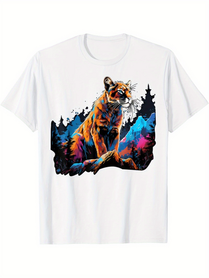 Men's Graphic T-Shirt Vivid Mountain Night With Lush Forest Surrounding Majestic Lone Tiger