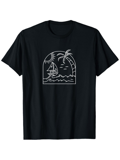 Men's Graphic T-Shirt Minimalist Palm Tree And Sailboat At Sunset Beach