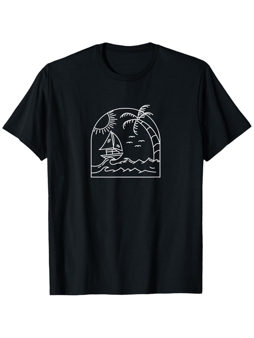 Men's Graphic T-Shirt Minimalist Palm Tree And Sailboat At Sunset Beach